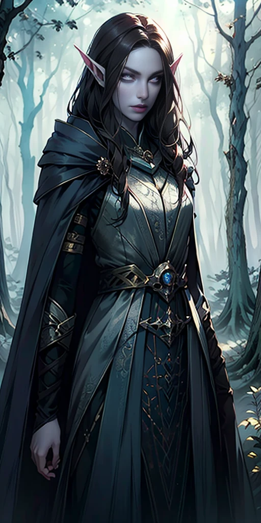 masterpiece, best quality, CG, wallpaper, HDR, high quality, high-definition, extremely detailed, bard dress, white skin, dark hair, elf, pale skin, grey skin, pointy ears, cape,  looking at viewer, 1girl, forest, dark forest, mythical forest, dimmed light, White eyes, long hair, bard, bard character