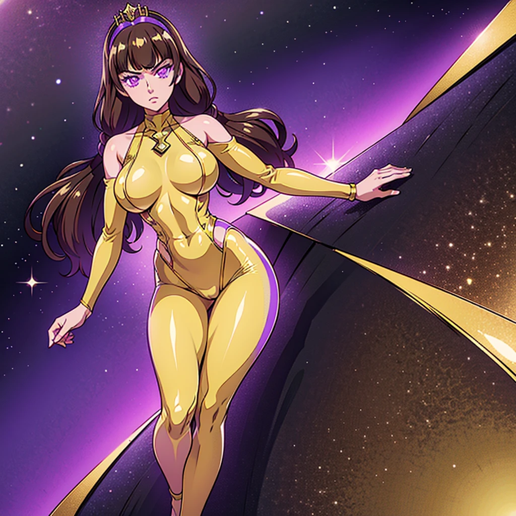 (1 girl), (solo), ((amanogawaki)), best quality, highres, high quality, 8k, HD, super detail, anatomically correct, UHD, accurate, (masterpiece:1.0), (high quality:1.0), (ultra detailed), (Galaxy background), Purple Eyes, Looking At viewer, Serious Face, detailed eyes, (MFBP1), Full Body Model Pose, confident female poses, full body, (Yellow full bodysuit), (Five Fingers), (Golden Tiara With a Huge Purple Gem)