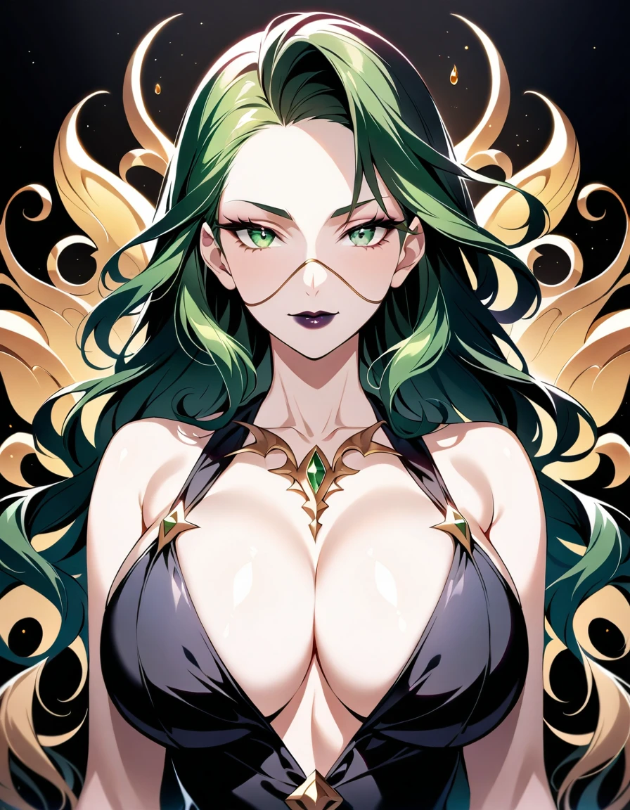 nsfw, 1Mature Female, A Bewitching older woman, 35yo, evil femme fatale, sexy MILF, solo, aesthetic, peerless beauty, Glossy brunette wavy hair, Beautifully styled French roll hairstyle, Narrow forehead, thin arched eyebrows, double eyelids, dark green eyes, highlight on eyes, eyes reflection, well-shaped nose, beautiful nostrils, Lustful full lips, dark lipstick, glossy lips, sharp jawline, Glamor, soft and curvy, honey-colored glistening skin, super detailed skin, glossy skin, Feminine neckline, thin collarbone, deep cleavage, saggy huge breasts, (perfect anatomy, ideal facial features, ideally proportioned figure, perfectly beautiful body, an extremely delicate and beautiful, beautiful detailed face, beautiful detailed hair, beautiful detailed eyes, beautiful detailed nose, beautiful detailed nostrils, beautiful detailed lips), (close-up photography of upper body, boast pompously, focus on entire screen, asymmetrical, masterpiece, official art, work of art, Award-winning work, extreme quality, ultra high definition, finely detail, magnificent illustration, extremely beautiful CG, high definition pictures, all intricate, raytraced, caustics, textile shading, incredibly absurd res, absolutely resolution, ultra high res, 16k), (slyly look, evil seductive smile, looking at us),