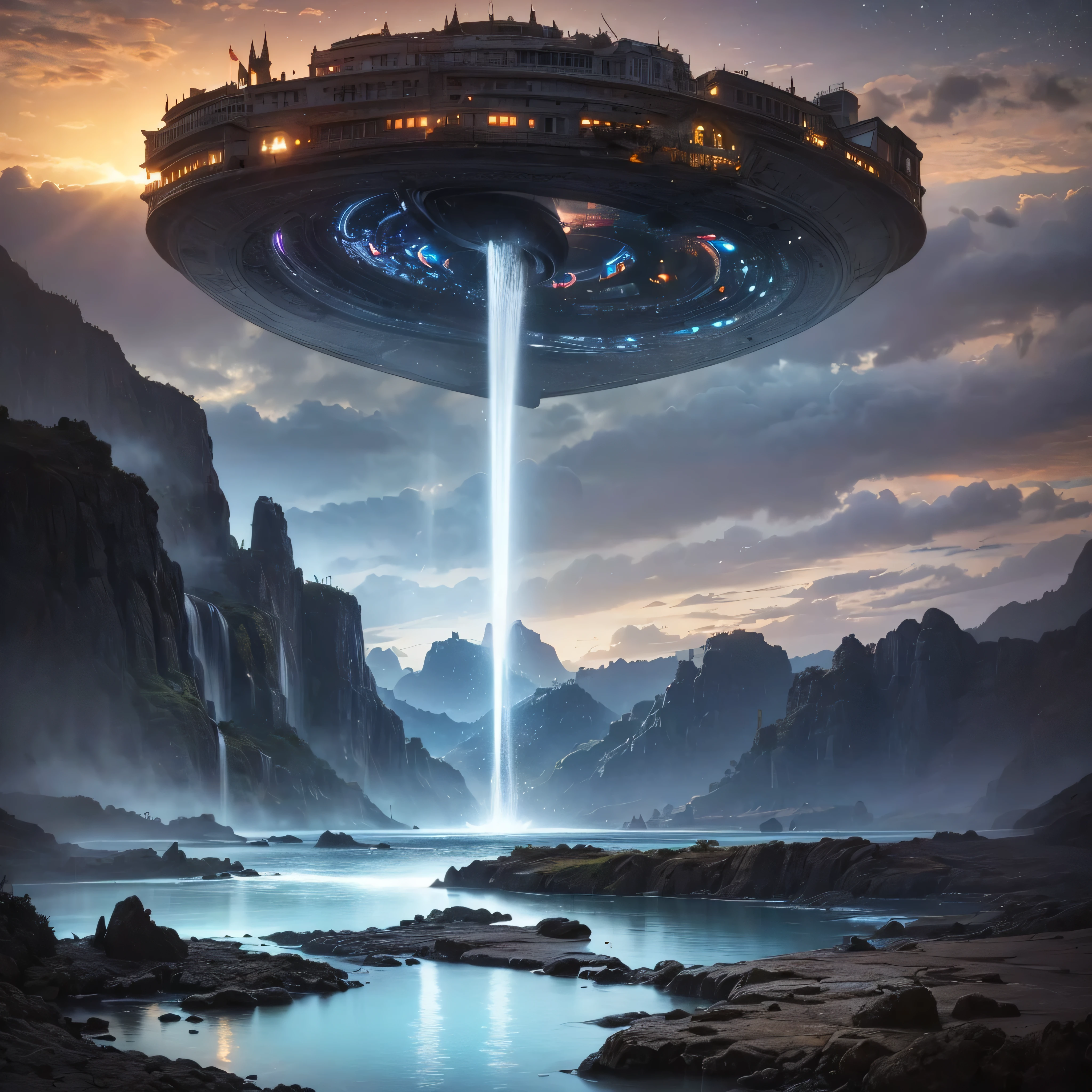 (8k, highest quality, masterpiece, final fantasy style: 1.2), (unRealistic, photoRealistic: 1.37), Dreamy landscape, Fantasy, Unsurreal landscapes, Super detailed, Flying Castle, Floating Island in the Sky, Seven-colored swirl of light, Intense lightning, milky way, Complex Light, Colored light, Large Lake, Starry sky reflected on the lake surface, Countless shining stars, Meteors, Reflections , (A pillar of light emanated from the ground:1,2), roses and orchids gardens , sunset, pink clouds, waterfalls in the sky, realistic style, Hyperrealism drawing, a flying pirate spaceship floating at the clouds level, burning skyscrapers, cyborgs, timeless realms, stunning princess , casting spell, healing light magic effect, in a magical lagoon of the fairyland, crystal clear water surface reflections, sharp focus, looking at viewer, (close-up:0.9), (bright white theme:1.2), (bright white tone:1.2), (deep blue tone:1.3),((( realistic, Hyperrealism, vivid colours , landscapes , alien cyborgs , science fiction themes)))