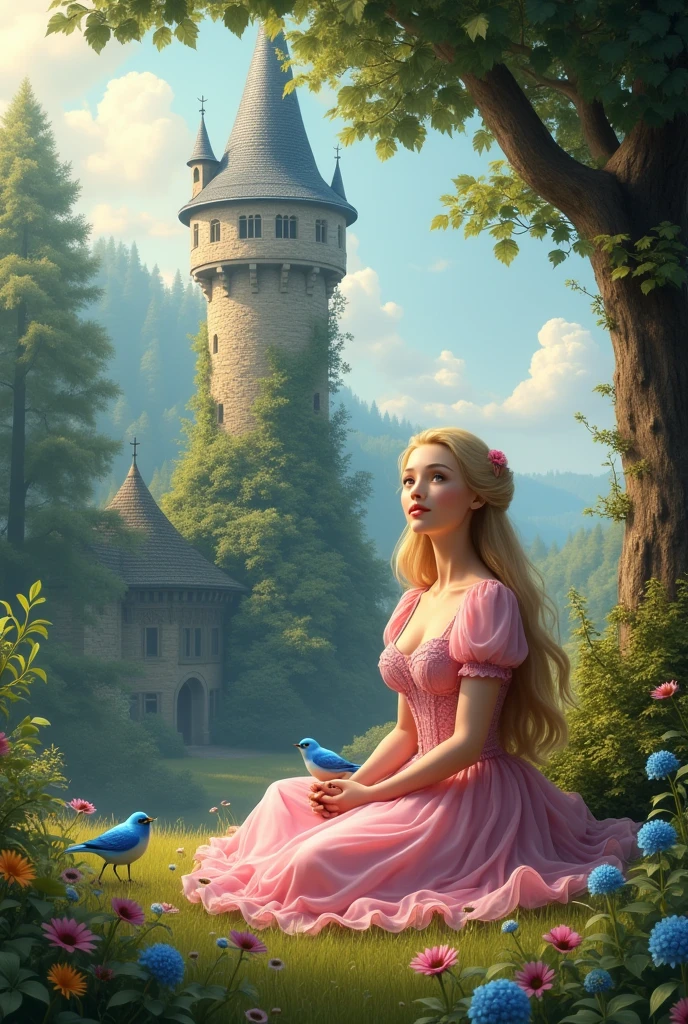 Cinderella in a pink dress sitting in an enchnated forest. In the background there is a tower with ivy and flowers growing on it. There is a blue bird.