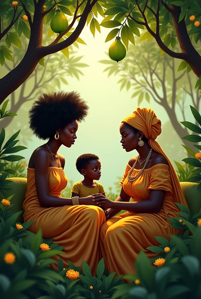 African women in pawpaw trees with her young boy
