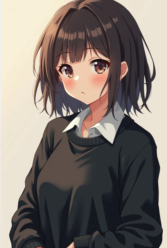 create an image of a retro style anime girl, with a black sweatshirt and white shirt, that looks more than 20 years old.