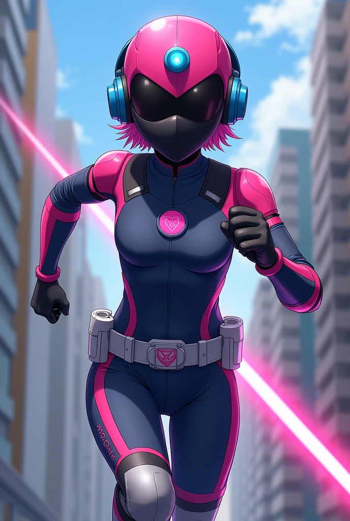 ((best quality)), ((masterpiece)), (detailed), 1 girl, full body, 20s, young adult, masked, black mask covering her entire head, smooth head, pink biker helmet, biker helmet with blue headphones on the sides, flashlight on her forehead, short pink hair sprouting from her helmet, face, black collar, tall, slim, athletic, circles on her wrists, pink accents, black fingerless gloves, pink wrist guards, pink shoulder pads, nanotech speedster suit resembling light armor, blue chest with an emblem, blue breastplate, dark blue suit with pink lines, pink speed emblem on her chest, pink emblem, blue pants, gray knee pads, metallic pink boots, white superhero belt, running through the city, pink light trail, laser, city background, anime