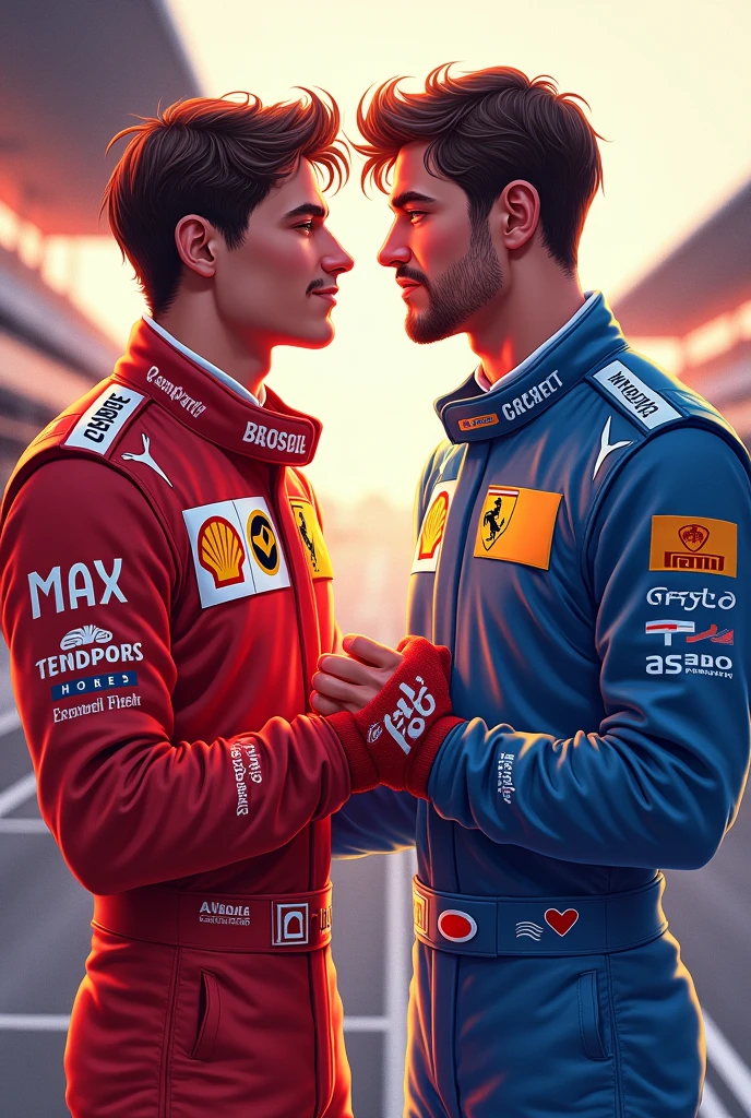 1. **Main Characters**: Illustrate Max and Charles in a way that reflects their personalities—perhaps in racing suits or in a more personal, relaxed setting.
2. **Race Elements**: Include hints of racing, like a blurred racetrack, cars, or a checkered flag, to emphasize the Formula 1 theme.
3. **Romantic Elements**: Subtly incorporate elements that suggest their romance, like intertwined racing gloves or a small heart symbol.
4. **Color Scheme**: Use bold colors like red and blue to represent the teams or to create contrast, with softer tones for the romantic aspects.
5. **Title and Author**: Make sure the title "Off-Track" is prominently displayed, with a stylish, readable font.
They are males