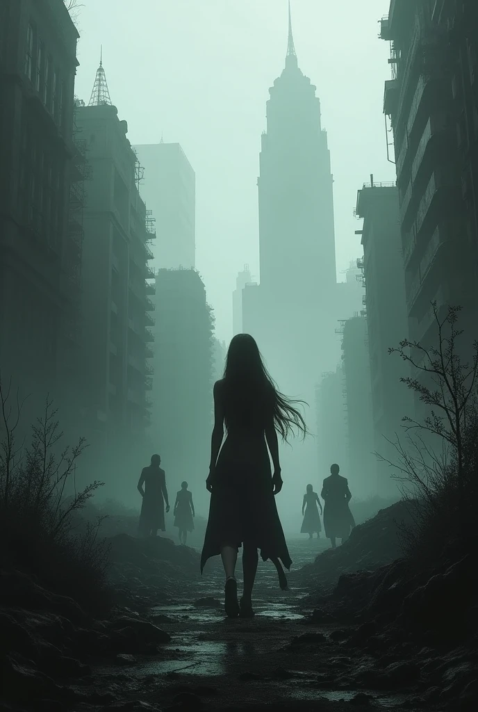 I want a photo of a destroyed city with the color black with fog with the character she has long hair in front 5 people behind her little vegetation