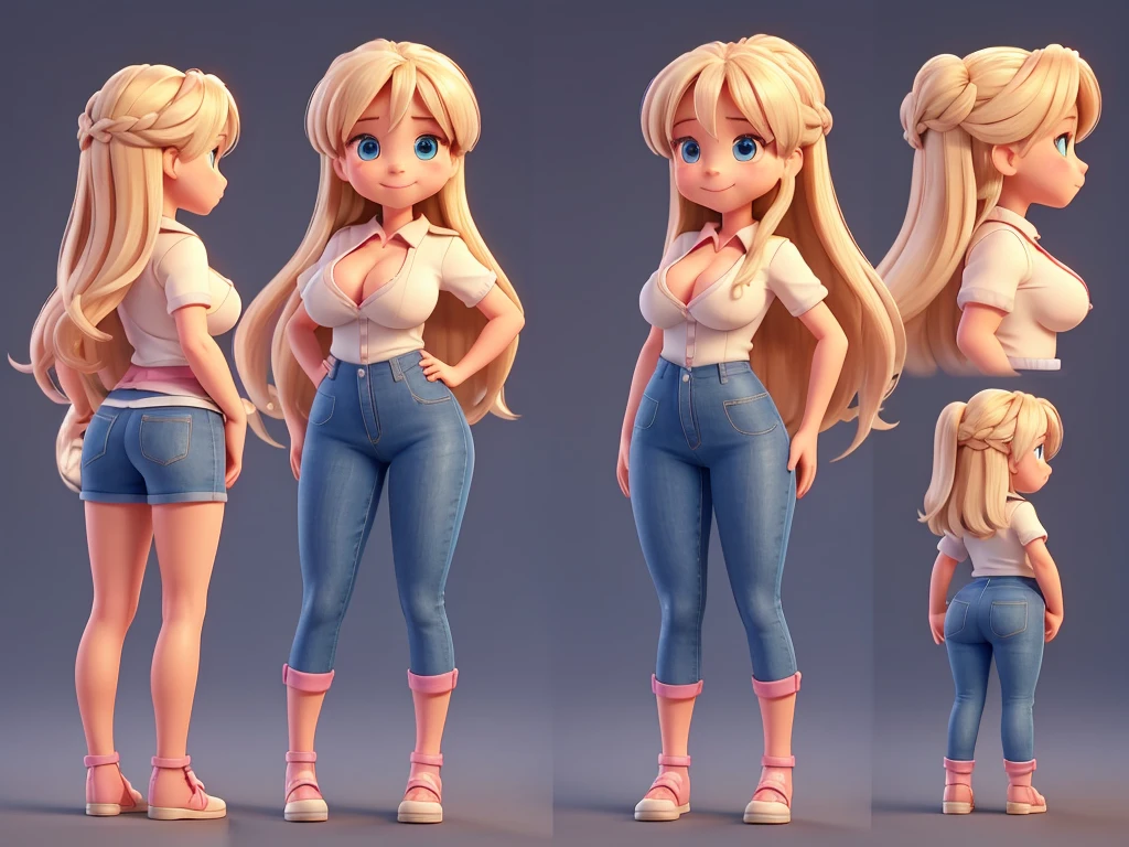 ,,small woman, long dark blonde hair, cute face, cute smile, blue eyes, big boobs, slim waist, wide hips, huge round ass, wide thighs, pink skin, multiple views of the same character, model sheet, character sheet, character sheet, front view, FEET TOGETHER, standing, arms outstretched to the sides, side view, profile view, standing, look to the right