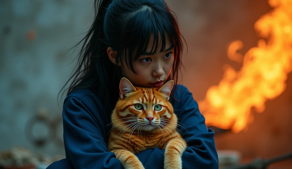 a asian woman, mullet hair,wear navy torn pajamas , creates and destroys hands, one eye shedding tears of beauty and light, the other crying flames that incinerate and consume, representing the dual forces of creation and destruction. Settings: Ultra-detailed , realistic photography concept art, dynamic movement pose ,hug a chubby orange cat