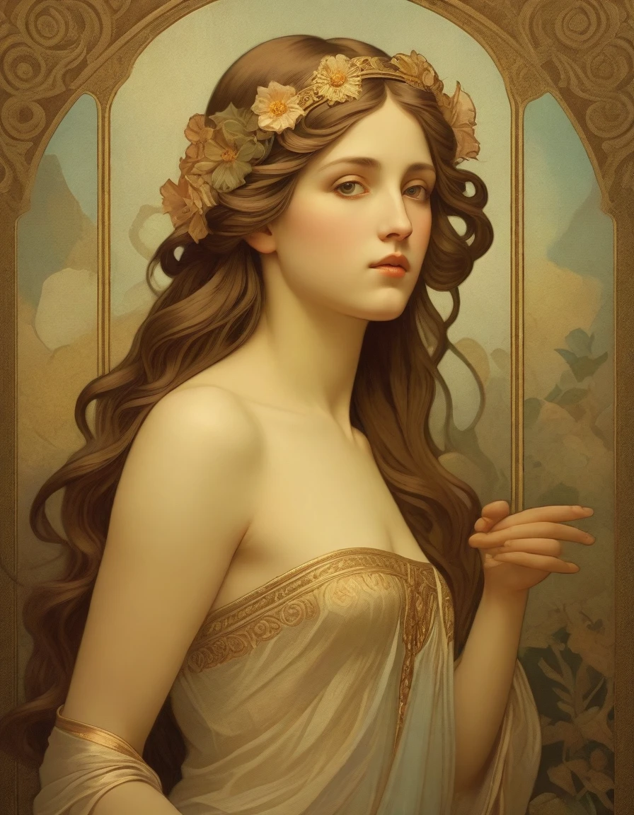 old (Masterpiece, Best Quality, Highres:1.2) Art Nouveau Style Beautiful Woman with Long Hair Shaped as Flowers in the Style of Alphonse Mucha, portrait of a beautiful cute, very beautiful, standing artistically, realistic natural, professional light distribution, very artistic lighting gradation, artistic detail, highly detailed, centered, Nymph-pattern vintage wallpaper with dramatic backlighting casting deep shadows, featuring a meticulously crafted illustration inspired by Dan Mumford and Alphonse Mucha, hyper-realistic and photorealistic textures, extremely detailed with intricate floral and foliage elements, octane rendered in 8K (extremely detailed 8k wallpaper), Golden ratio, hidden ancient Greek symbols (, Spiral), balanced design, color harmony, Vernis Martin, golden, ancient mythology, artistically twisted edges, reminiscent of old-world craftsmanship with a contemporary edge, volumetric lighting, ultra fine details