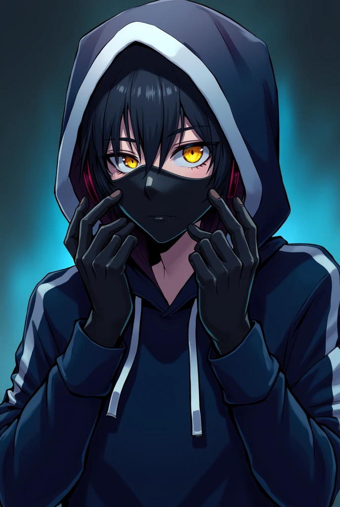 male character with yellow eyes and black face, in a hoodie, mask and headphones. Colors Black and blue. with hands and arms