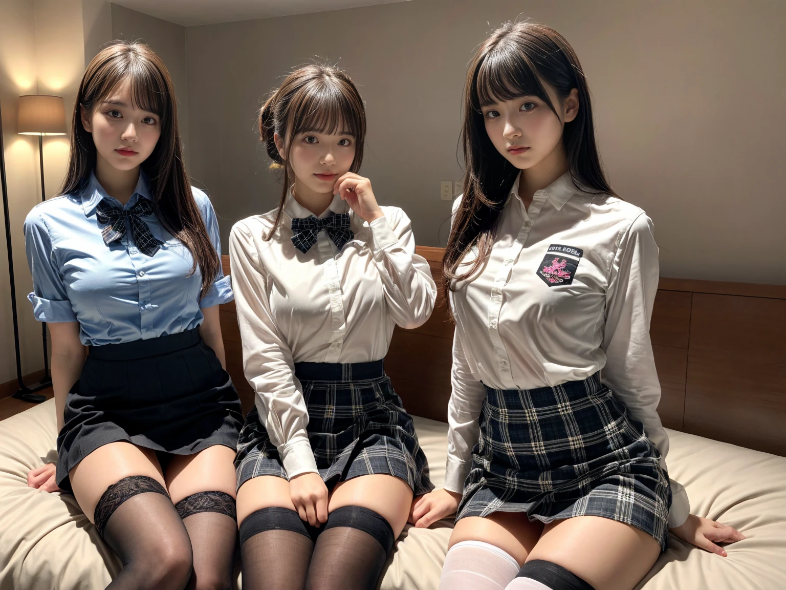 masterpiece, best quality, illustration, Super detailed, fine details, High resolution, 8K,wall paper, perfect dynamic composition,(Details High quality, realistic depiction of eyes:1.3), (3 girls), (white school shirt :1.2), (plaid skirt :1.3), tie black, black thigh-high stockings, sitting, open legs, short bob hair, in a hotel room in the background, deep on field, large breasts, black hair color, Big Natural Color Lip, (perfect body shape), crying a little、Harajuku style、20 year old girl、cute type、beautiful legs, Gravure Idol