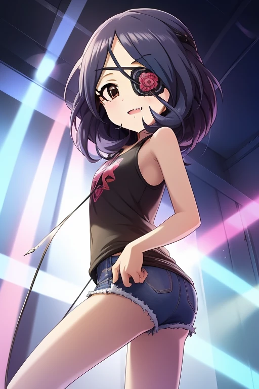 Hayasaka Mirei,purple hair,multicolored hair,fang,brown eyes,short hair,eyepatch,Tube top,Denim shorts,from side