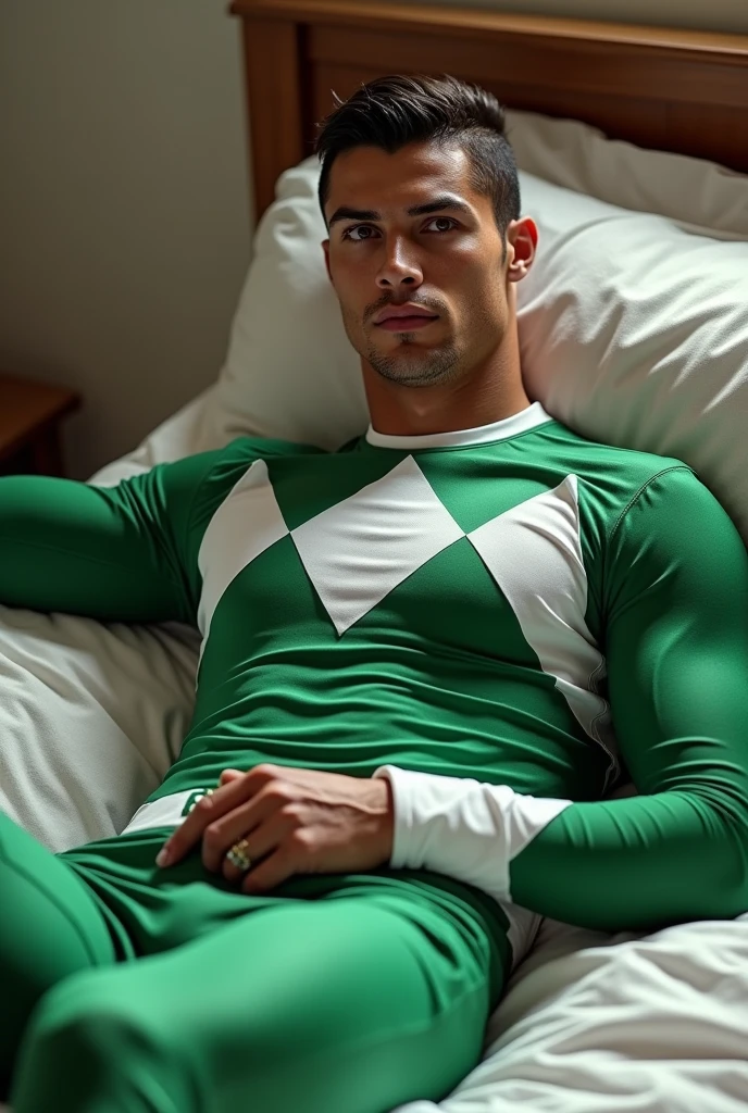 Cristiano Ronaldo, traje del green ranger mighty morphin (without helmet) lying on a bed 