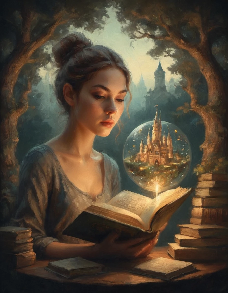 Hyperreal digital art style, "Fairytale", fantasy world coming out of centered book, open book, hyperdetailed double exposure fantasy illustration, masterpiece, cinematic, by Andreas Lie, Luke Gram, photorealism, backlit, gorgeous light