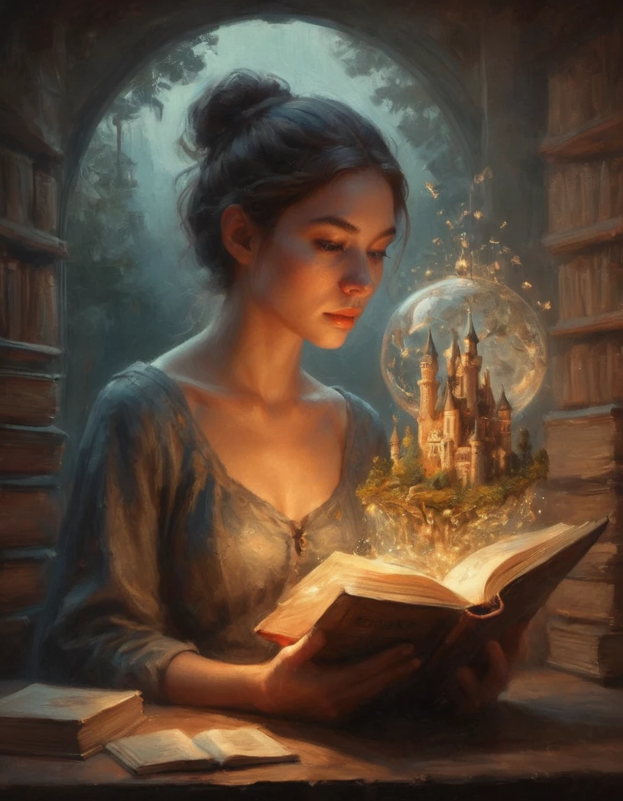 Hyperreal digital art style, "Fairytale", fantasy world coming out of centered book, open book, hyperdetailed double exposure fantasy illustration, masterpiece, cinematic, by Andreas Lie, Luke Gram, photorealism, backlit, gorgeous light