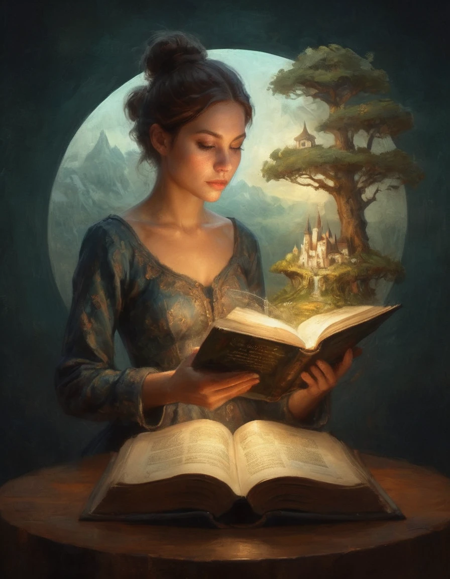 Hyperreal digital art style, "Fairytale", fantasy world coming out of centered book, open book, hyperdetailed double exposure fantasy illustration, masterpiece, cinematic, by Andreas Lie, Luke Gram, photorealism, backlit, gorgeous light