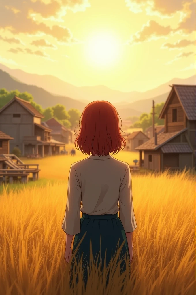 A  from behind in a small town with reddish hair in a golden field 