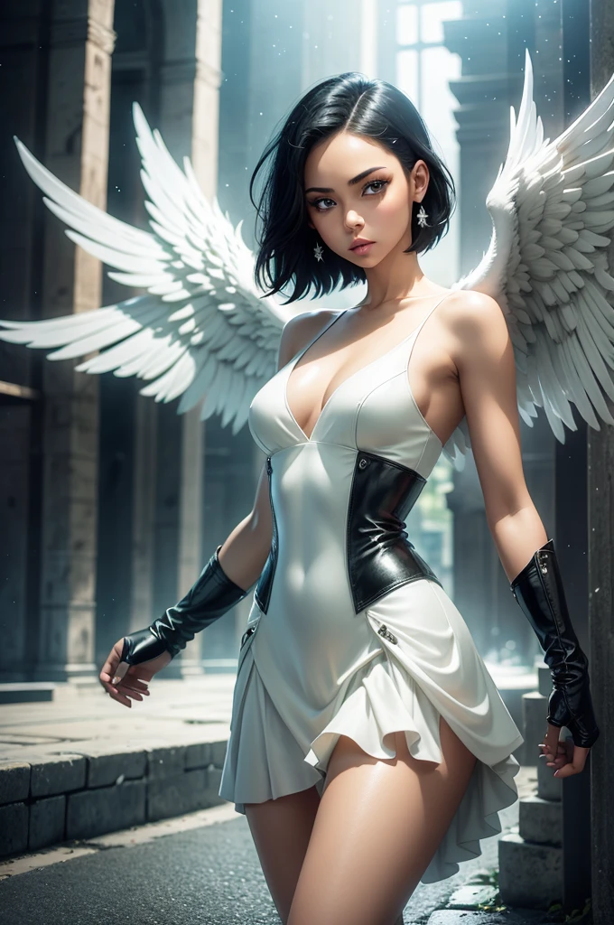 fallen angel woman, light skin, green eyes, short shoulder-length ash black hair, wearing a white dress and a cool leather jacket