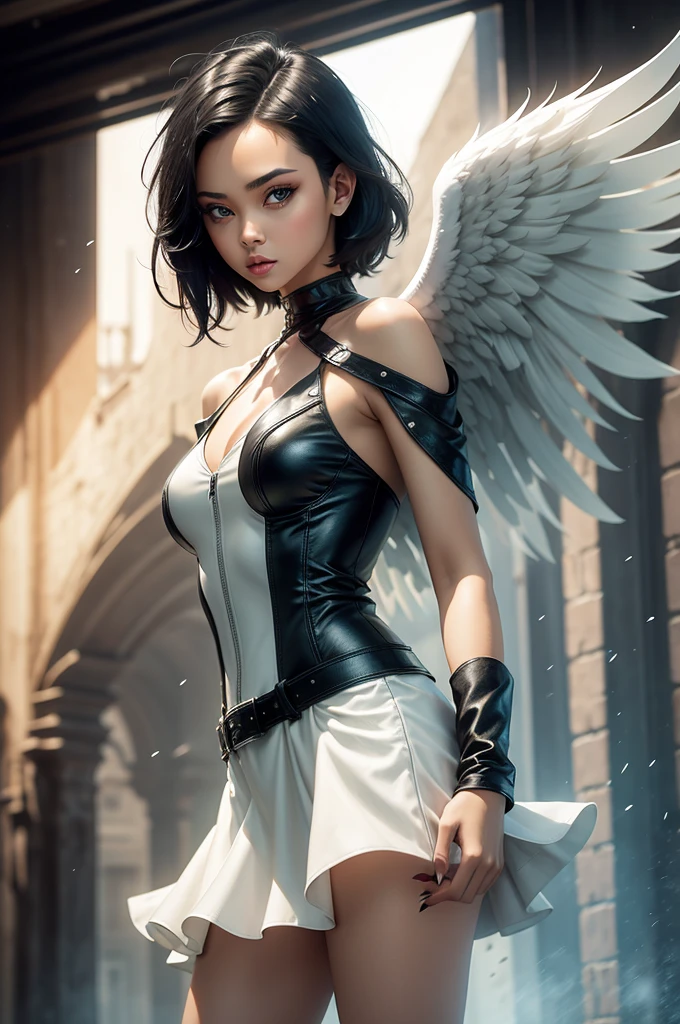 fallen angel woman, light skin, green eyes, short shoulder-length ash black hair, wearing a white dress and a cool leather jacket
