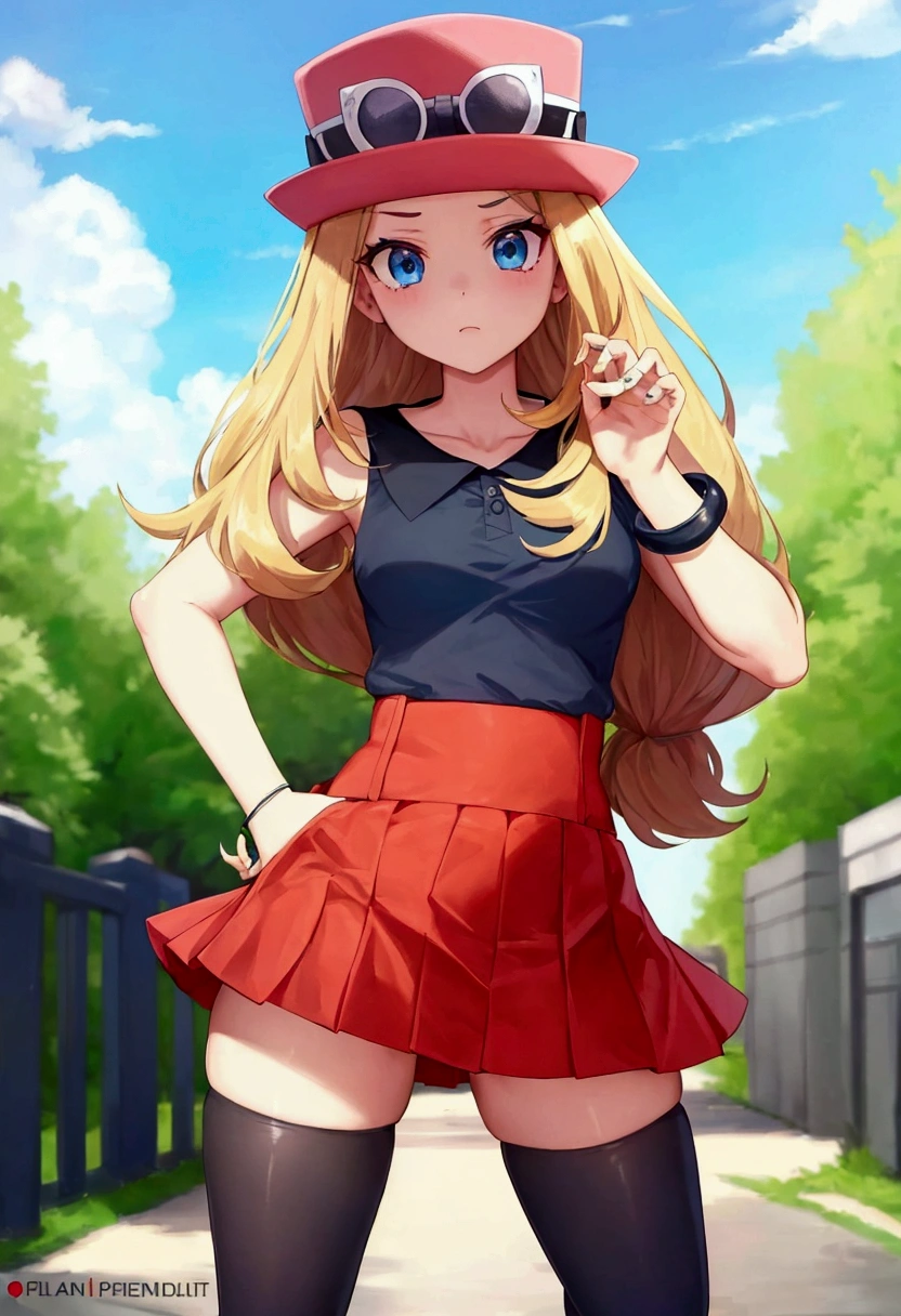 masterpiece, beautiful, best quality, highres, 1girl, solo, blue eyes, serena \(pokemon\), 1girl, solo, thighhighs, long hair, hat, jewelry, bracelet, black thighhighs, collared shirt, pleated skirt, red skirt, sleeveless, high-waist skirt, sleeveless shirt, eyelashes, pink headwear, black shirt, eyewear on headwear, full body, full body view
RAW photo, full body, group, macrogts kneeling outside, looming over a tiny school, slamming tiny classmates, looming over the building, tall female, toned, height difference, size difference, tiny students, insanely detailed facial features, absurdres, crowds
 