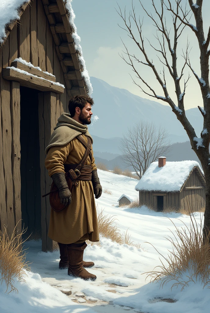 Generate me a young man leaving his house in the year 400 in winter /anvidad