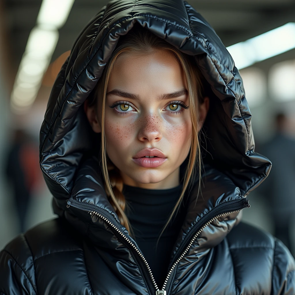 complete portrait of a slim ponytail 16 year old girl,beautiful detailed eyes,beautiful freckles,beautiful detailed lips,extremely detailed eyes and face,longeyelashes,in beautiful detailed hooded formfitting duvetica overfilled shiny super gleamy super thick glossy opened puffer jacket covering her zipped super padded skisuit,latex stirrup legging,symmetrical,standing in a pufferstore,masterpiece,cinematic,lifelike,hyperrealistic,8k,photorealistic,highly detailed,intricate,exquisite,elegant,beautiful,stunning, full body photo