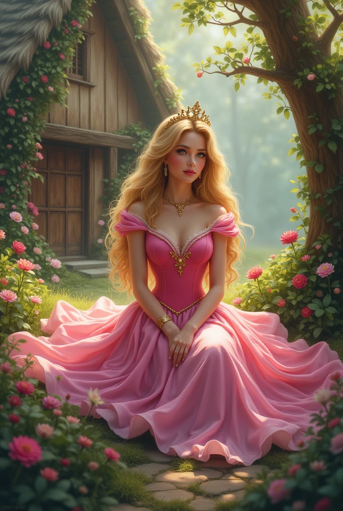 Princess Aurora in a pink dress sitting in an enchnated forest. In the background there is a cottage with flowers growing on it. 