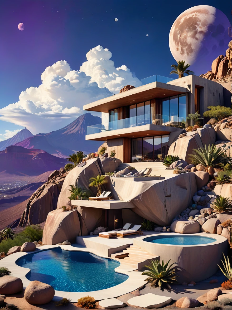 small and beautiful modern house in top of big boulders, terraces, pool, stairs, multiple cacti gardens, palms, trees, rocks, beautiful landscape design, mountains and volcano y background, amazing clouds, sun, moon, planets, milky way galaxy, concrete, wood, glass and steel materials, olive green, violet, orange and withe colors in facade