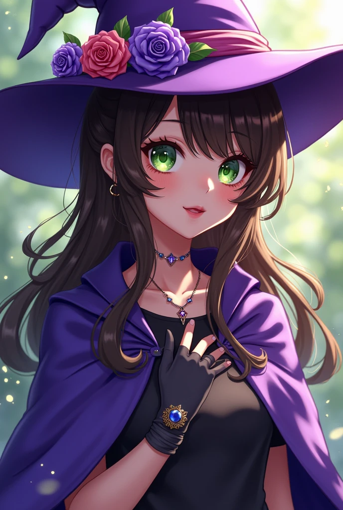 une belle fille, visage parfait, bras sur les côtés, chef-d'œuvre, ultra haute résolution, Haute qualité, 4k, Haut du corps:1.5, Lisa (impact genshin), urple sorcière hat, yeux verts, cheveux bruns, (pureerosface_V1:0.008), (européen:1.6), frange, jeans, tee-shirt, rose, bijoux, sorcière, capelet, couvre-chef violet, gants noirs, fleur mauve, cheveux entre les yeux, rose violette, lèvres entrouvertes, cape violette, fleur de chapeau, multicolored robe, ornement de cheveux, Moulin à vent, du côté,