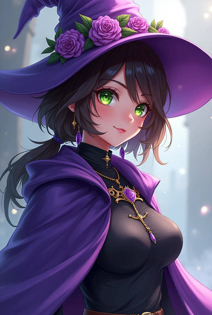 une belle fille, visage parfait, bras sur les côtés, chef-d&#39;œuvre, ultra haute résolution, Haute qualité, 4k, Haut du corps:1.5,  Lisa (impact genshin), urple sorcière hat, yeux verts, cheveux bruns, (pureerosface_V1:0.008), (européen:1.6), frange, jeans, tee-shirt, rose, bijoux, sorcière, capelet, couvre-chef violet, gants noirs, fleur mauve, cheveux entre les yeux, rose violette, lèvres entrouvertes, cape violette, fleur de chapeau, multicolored robe, ornement de cheveux,  Moulin à vent, du côté,