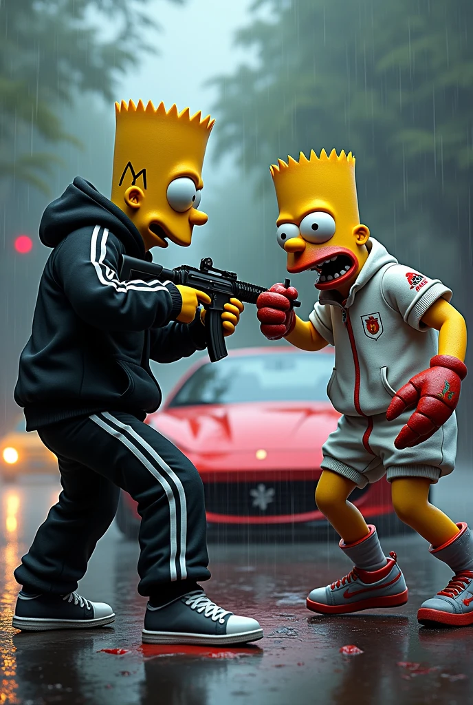 Bart dressed in black Adidas shooting with an AK47 at Mr. Crab dressed in white Puma, wounded and bleeding, while he escapes in a Ferrari while it rains