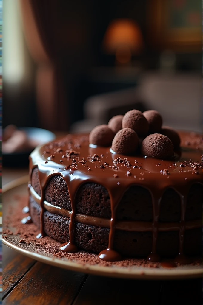 Chocolate cinematic movie scene, bolo de chocolate, darkness background, quality photo, Wet texture, penthouse, studio photo, slice. shallow depth of field, vignettes, highly detailed, high budget, bokeh, cinemascope, temperamental, epic, comely, film grain, grainy.