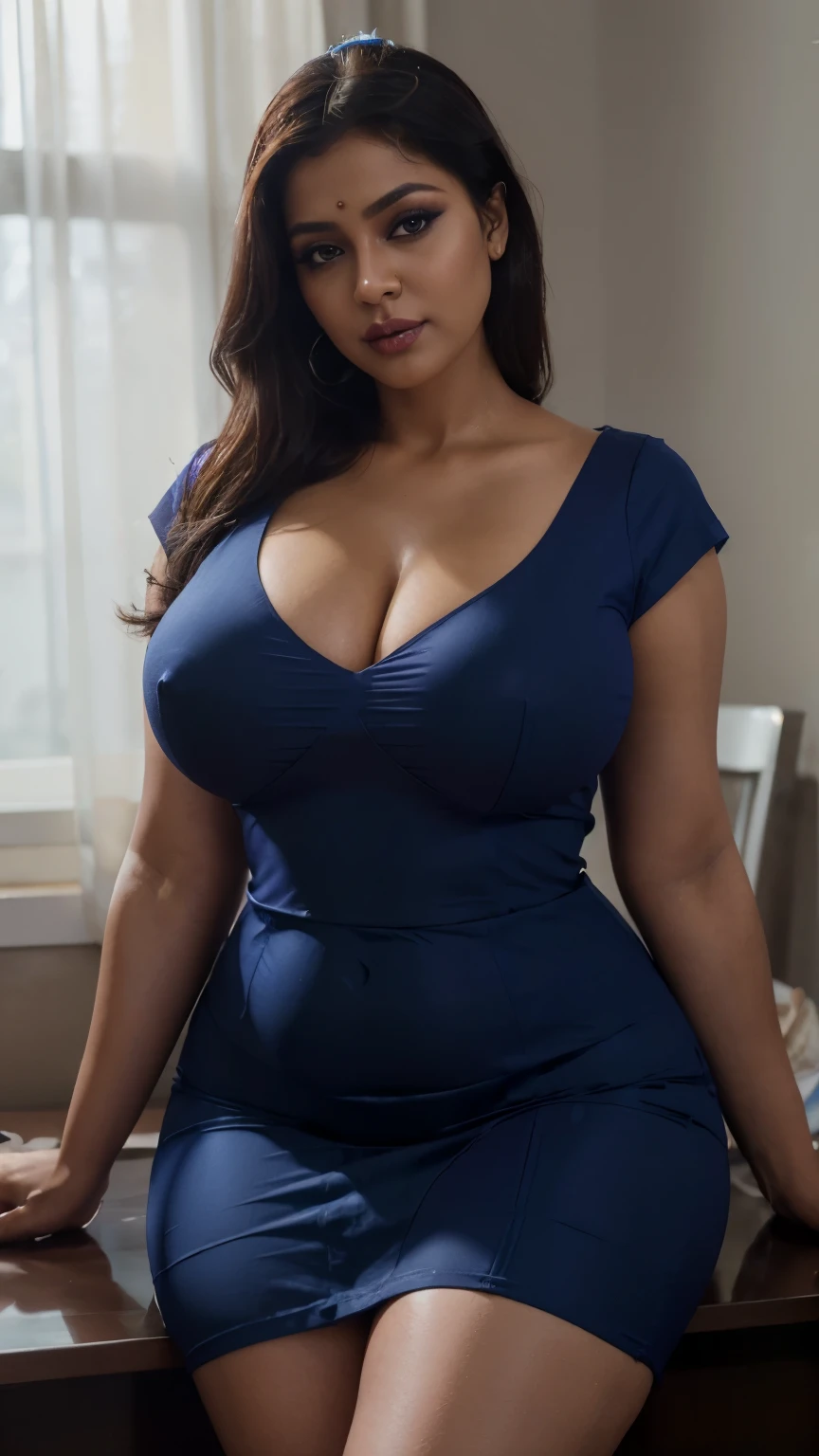 Masterpiece, RAW photo, best quality, photorealistic, extremely detailed CG unity 8k wallpaper, Depth of field, Cinematic Light, Lens Flare, Ray tracing imagine a sexy Mallu bhabhi with big breast and cleavage, South Indian lady, Dusky skinned, Dusky Indian , busty, Milf lady, 40 years old, wearing nurse dress ((Blue nurse dress, shirt and skirt, tight nurse dress)) ((INTENSE MAKEUP, EYESHADOW, GLOSSY LIPSTICK)), Seductive, Very seductive, sensual, erotic, lusty , voluptuous, attractive figure, chu by, fatty, very chubby, fat lady, chubby belly, hands and thighs, sitting on a table, inside a hospital