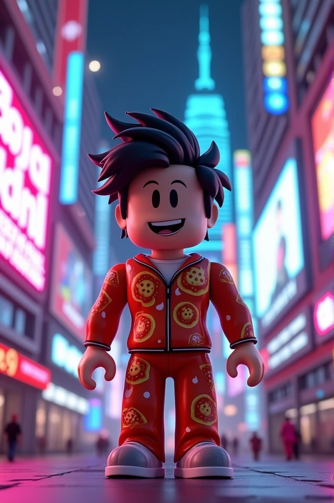 Roblox with a Neapolitan pizza boy black hair color and neon lights