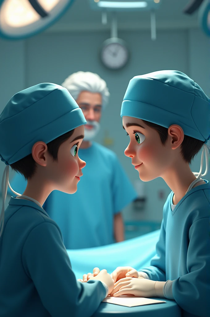 generates an animated image, The context is in an operating room where there are two people. The first is the surgeon who physically has green eyes and wears a blue surgical cap., with mask. The second person is God (Catholic) accompanying her 