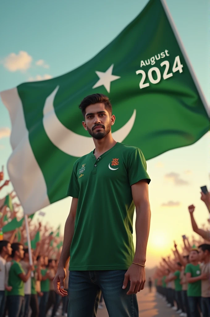 Happy Independence Day 14 August 2024 is written on big flag of Pakistan and a 25-year-old boy is standing in front of him wearing Army T-shirt, with name "Shahab Ahmed" written on t shirt, and holding the Pakistani flag in his hand, 3D art painting realistic high quality photo