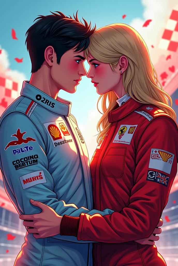 1. **Main Characters**: Illustrate Max and Charles in a way that reflects their personalities—perhaps in racing suits or in a more personal, relaxed setting.
2. **Race Elements**: Include hints of racing, like a blurred racetrack, cars, or a checkered flag, to emphasize the Formula 1 theme.
3. **Romantic Elements**: Subtly incorporate elements that suggest their romance, like intertwined racing gloves or a small heart symbol.
4. **Color Scheme**: Use bold colors like red and blue to represent the teams or to create contrast, with softer tones for the romantic aspects.
5. **Title and Author**: Make sure the title "Off-Track" is prominently displayed, with a stylish, readable font.
They are males, put the title
They are gayyyy