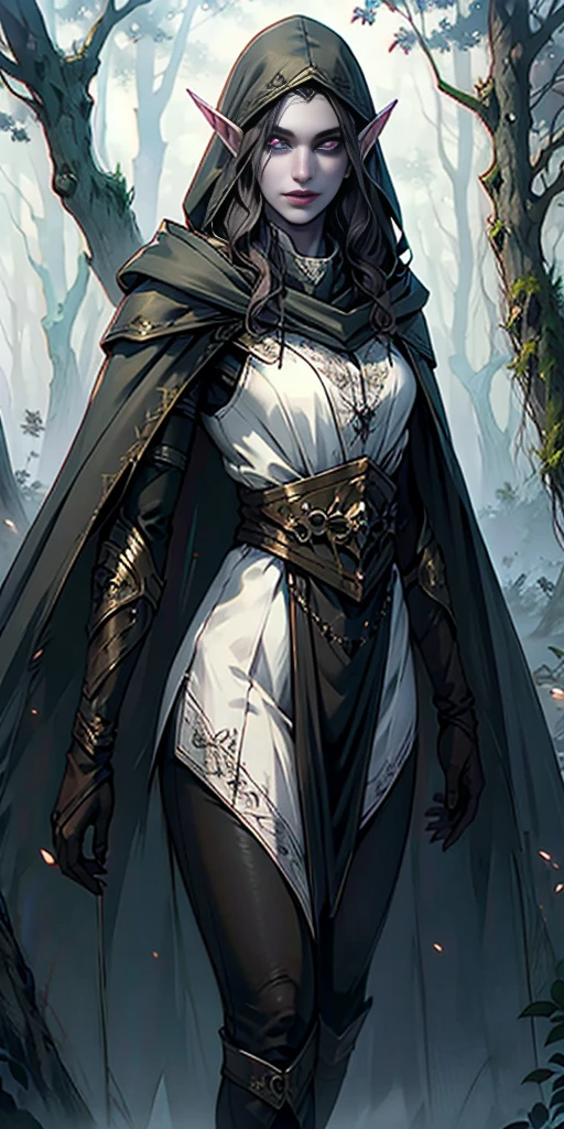 masterpiece, best quality, CG, wallpaper, HDR, high quality, high-definition, extremely detailed, bard dress, white skin, dark hair, elf, pale skin, grey skin, pointy ears, cape,  looking at viewer, 1girl, forest, dark forest, mythical forest, dimmed light, White eyes, long hair, bard, bard character, hood, tight pants