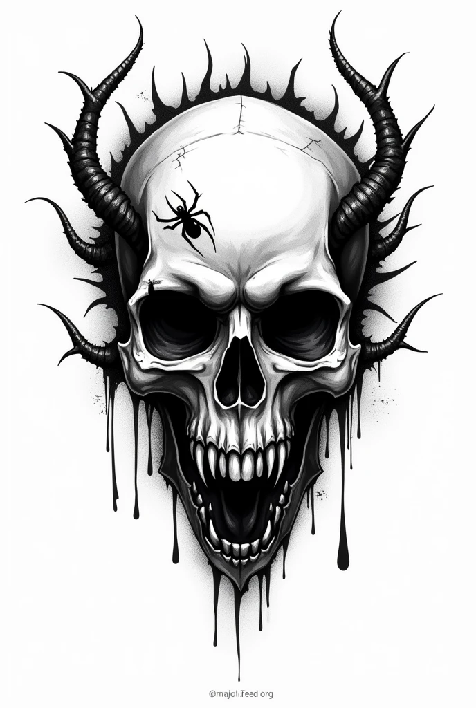 Get a scary gothic skull tattoo, in black graphics on a white background. Make a skull in 3rd angle/4. You can add some spicy elements., thorns, web, eyes. Make several options 