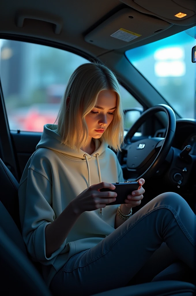Skinny blonde gamer in car