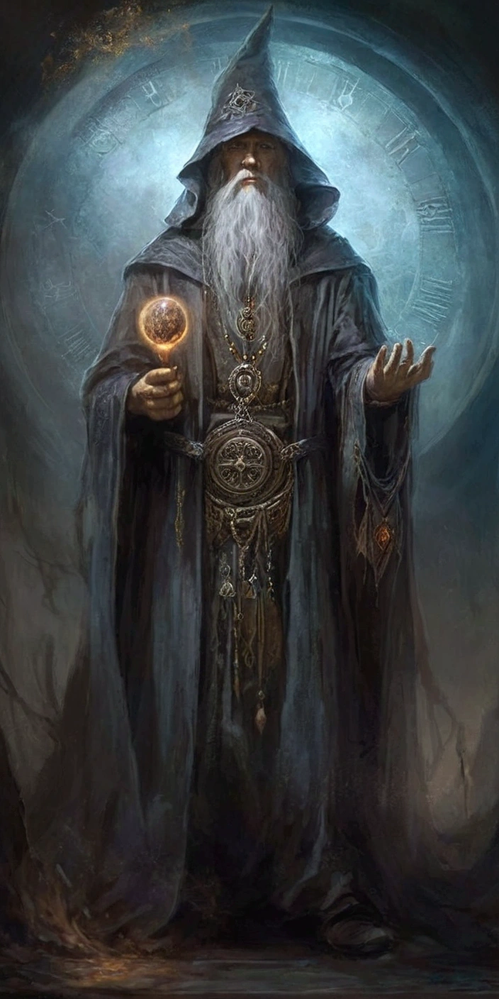 I want a dark wizard, with symbols on the mantle and a medieval background