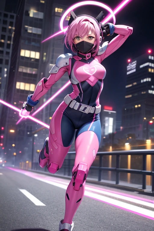((best quality)), ((masterpiece)), (detailed), 1 girl, full body, 20s, young adult, masked, black mask covering her entire head, smooth head, pink biker helmet, biker helmet with blue headphones on the sides, flashlight on her forehead, short pink hair sprouting from her helmet, face, black collar, tall, slim, athletic, circles on her wrists, pink accents, black fingerless gloves, pink wrist guards, pink shoulder pads, nanotech speedster suit resembling light armor, blue chest with an emblem, blue breastplate, dark blue suit with pink lines, pink speed emblem on her chest, pink emblem, blue pants, gray knee pads, metallic pink boots, white superhero belt, running through the city, pink light trail, laser, city background, anime