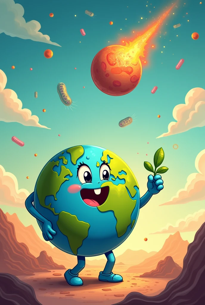 Draw a cartoon in which a bacteria-filled comet or meteorite lands on early Earth., with the Earth saying "Thank you for the gift!" while holding a small sprout of life.