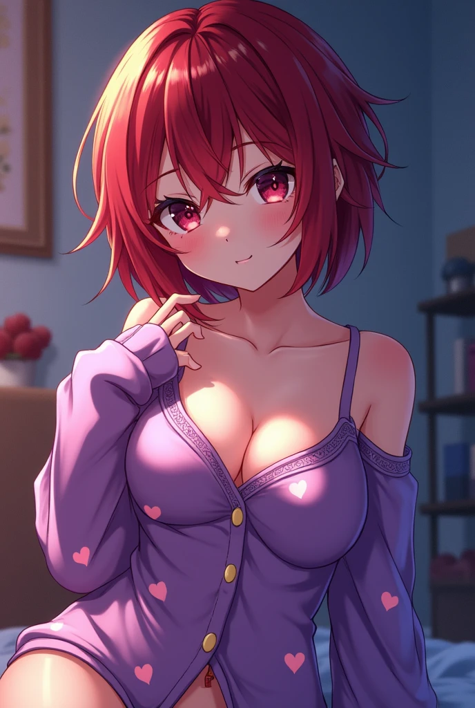 short hair, anime, messy hair, ahoge, reddish wine eyes, reddish wine hair, sleeping, purple pallama with hearts, night, messy room, ahegao, sexy pose, medium breasts, smile, gamer, vtuber,