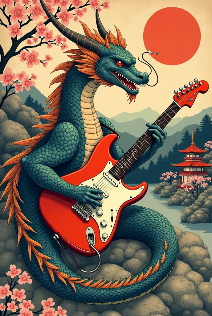 Traditional Japanese illustration of an ancient dragon with a jazzmaster electric guitar