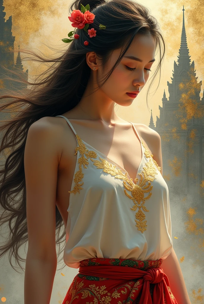 Epic, intricate fine details, unreal, abstract light and shiny, gold and ink painting, full body view, long flowering hair adorned with flowers, Cambodian beauty, white tank top embroidered with gold filament, red sarong with Khmer patterns red and green , mid-turn, smiling, abstract old Khmer temple in gold-gray painting background, gold kintsugi and splash effects, realistic textures.