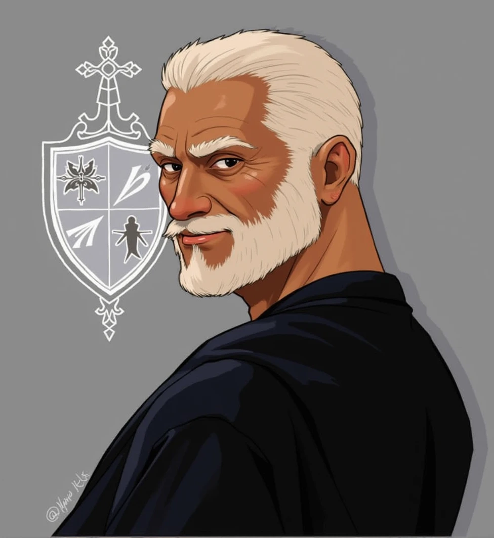 A knight in shining armor, a wise and caring paladin, with a white beard and mustache, a smirking yet humble expression, eyes gazing directly at the camera, a portrait of a loyal and dutiful father.