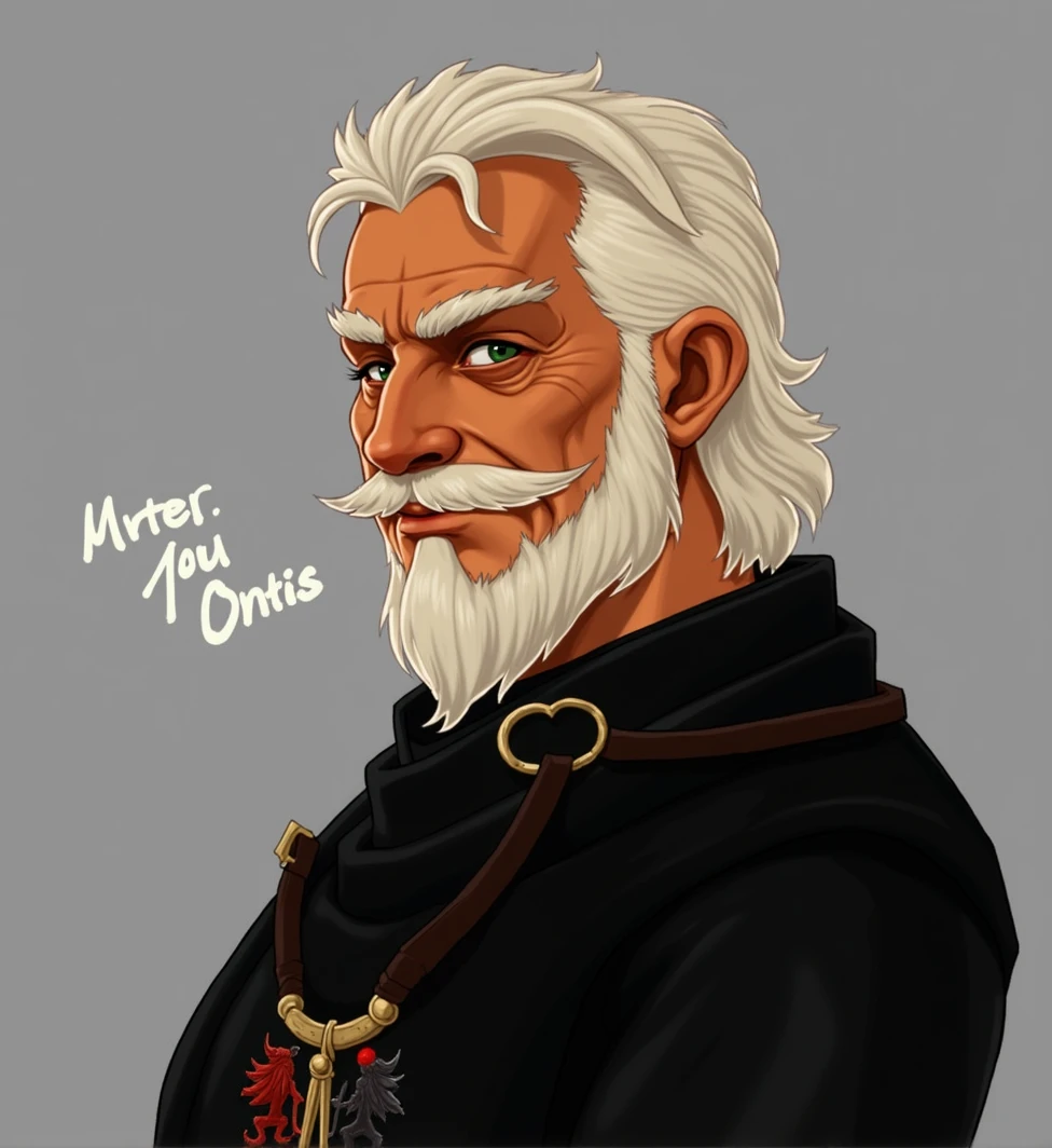 A knight in shining armor, a wise and caring paladin, with a white beard and mustache, a smirking yet humble expression, eyes gazing directly at the camera, a portrait of a loyal and dutiful father.