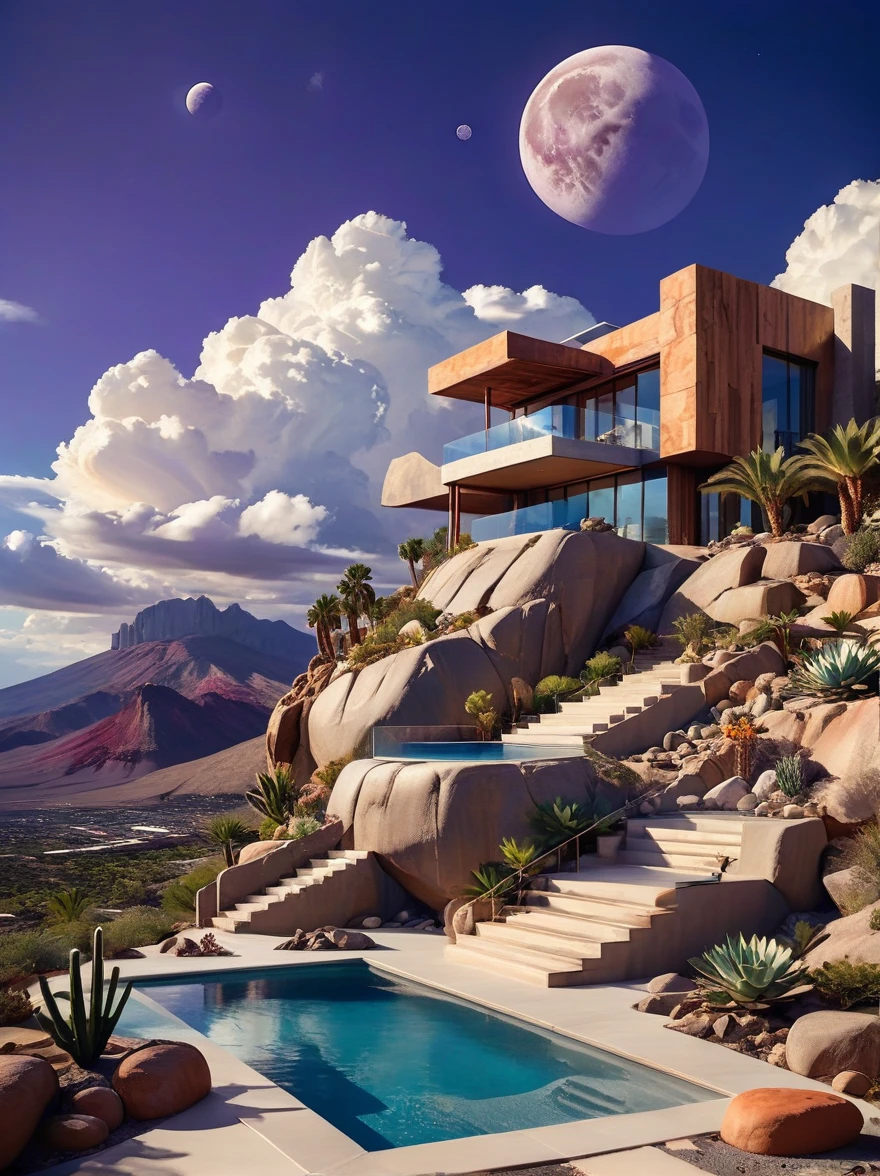 small and beautiful modern house in top of big boulders, terraces, pool, stairs, multiple cacti gardens, palms, trees, rocks, beautiful landscape design, mountains and volcano y background, amazing clouds, sun, moon, planets, milky way galaxy, concrete, wood, glass and steel materials, olive green, violet, orange and withe colors in facade