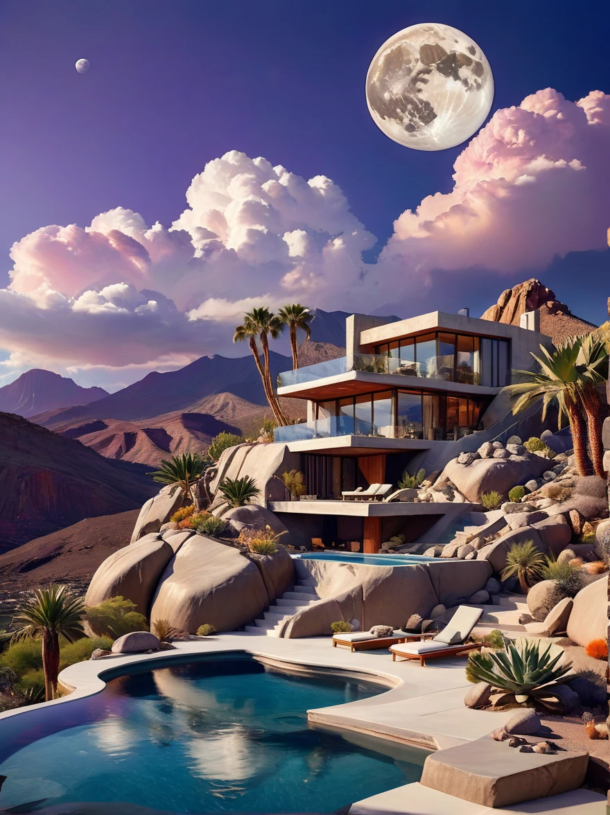 small and beautiful modern house in top of big boulders, terraces, pool, stairs, multiple cacti gardens, palms, trees, rocks, beautiful landscape design, mountains and volcano y background, amazing clouds, sun, moon, planets, milky way galaxy, concrete, wood, glass and steel materials, olive green, violet, orange and withe colors in facade